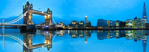 Obraz na plátně Panorama of Tower Bridge with blue sky and reflection in London