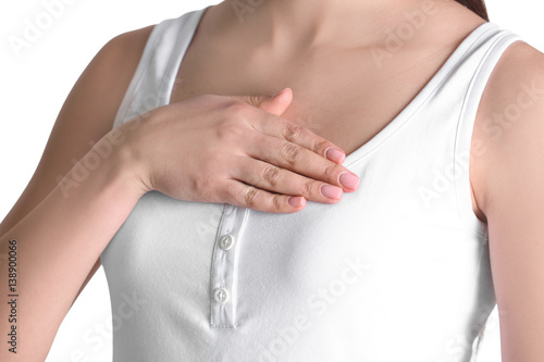 Young woman in shirt on white background  closeup