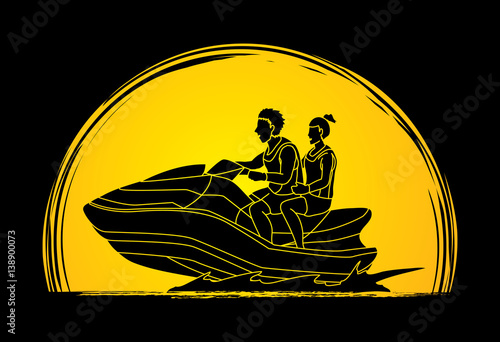 Couple riding jet ski designed on moonlight background graphic vector