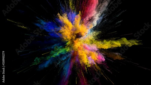 Cg animation of color powder explosion on black background. Slow motion movement with acceleration in the beginning. Has alpha matte