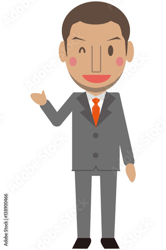 かわいいアフリカ系男性　グレーのスーツのビジネスマン　短髪　ウィンクして紹介