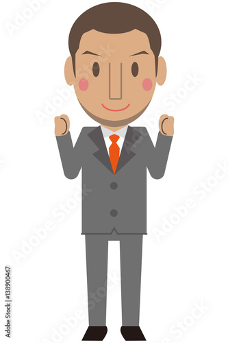 かわいいアフリカ系男性 グレーのスーツのビジネスマン 短髪 小さく両手でガッツポーズ
