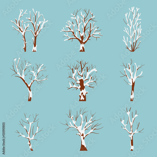 Set of winter isolated trees on blue background.