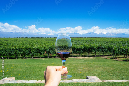 Masculine hand holding glass of wine with Andes and Winery on the Background in Mendonza, Argentine photo