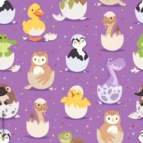 Cute new born animals in eggs easter seamless pattern