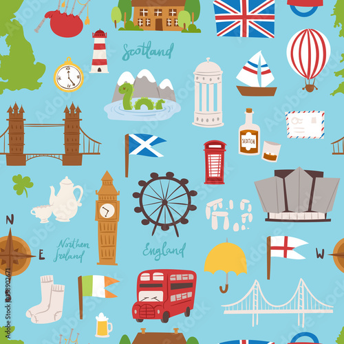 United kingdom great britain travel tourism vector illustration seamless pattern