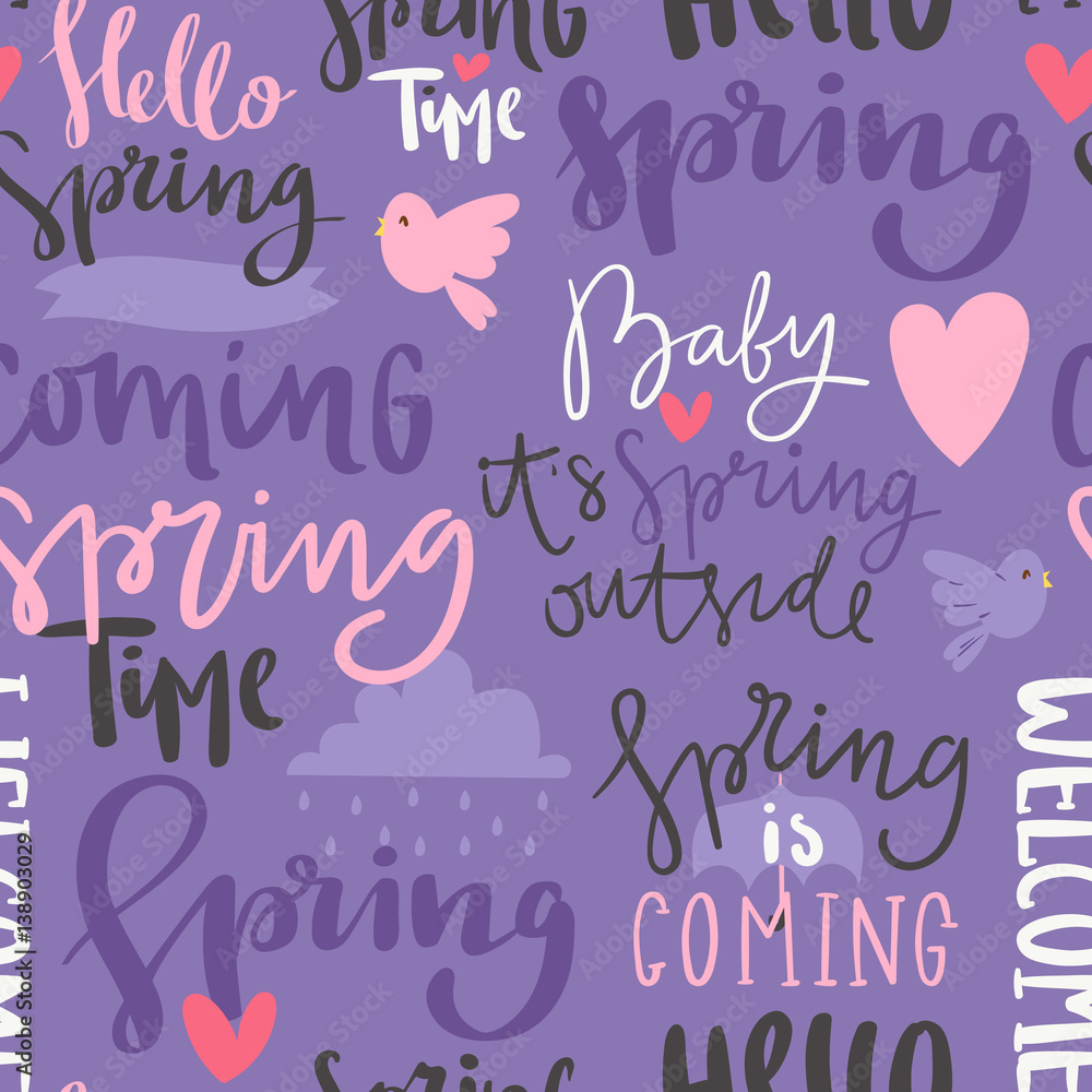 Spring time lettering text greeting card typography hand drawn graphic vector illustration seamless pattern background