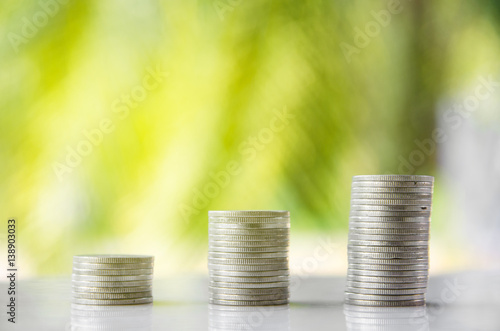 three thai coin stacks on plant background