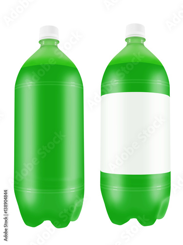 Refreshing green soda drink in two liter plastic bottles isolated on white background. 3D illustration.