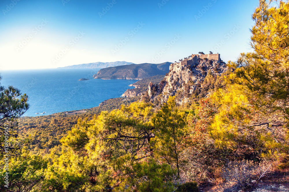 Ancient Monolithos castle on cliff on Rhodes island, Greece - beautiful panorama view
