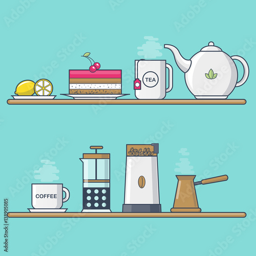 set of tea and coffee vector illustration of colorful line art