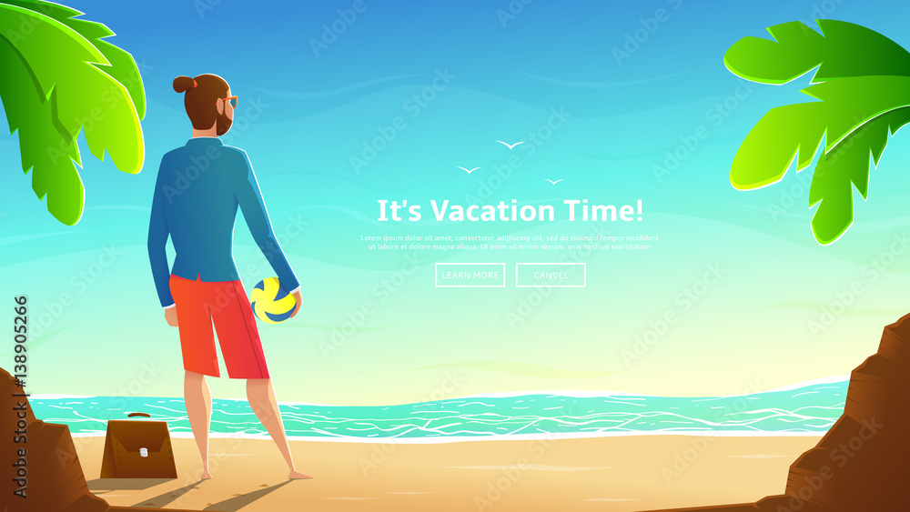 Businessman in shorts with volleyball ball stands on beach. Vector illustration with cartoon man in jacket with briefcase. Beautiful landscape of summer sea with palm trees. Concept of web banner.