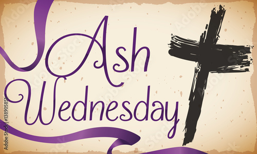 Ash Cross Sprinkled in Ancient Scroll for Ash Wednesday, Vector Illustration
