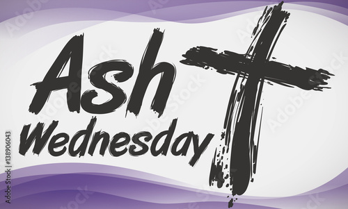 Cross in Brushstroke Style and Purple Waves Commemorating Ash Wednesday, Vector Illustration