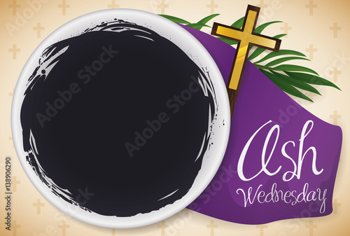 Top View of Bowl and Other Elements for Ash Wednesday, Vector Illustration
