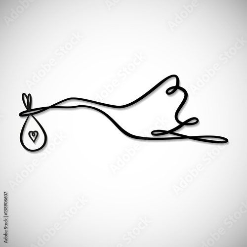 Illustrations of a stork with a baby in the form of a continuous line. Vector illustration. Logo, emblem, sign.