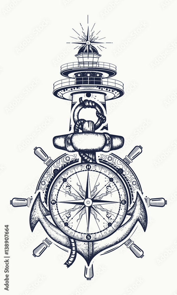 Anchor, steering wheel, compass, lighthouse, tattoo art. Symbol of maritime adventure, tourism, travel