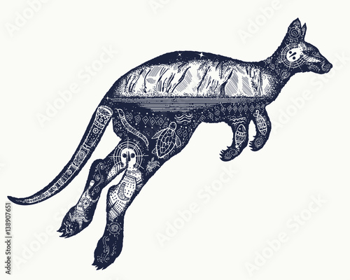 Kangaroo double exposure tattoo art. symbol of Australia, travel and tourism