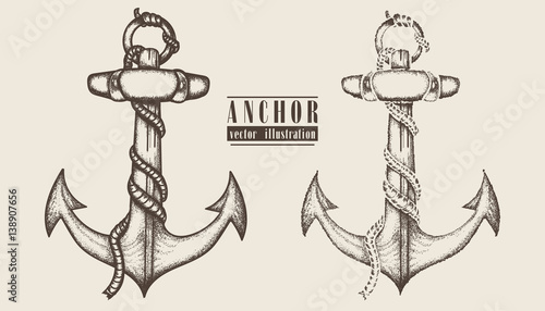 Vintage anchor hand drawn illustration.  Ships anchor and rope graphic collection