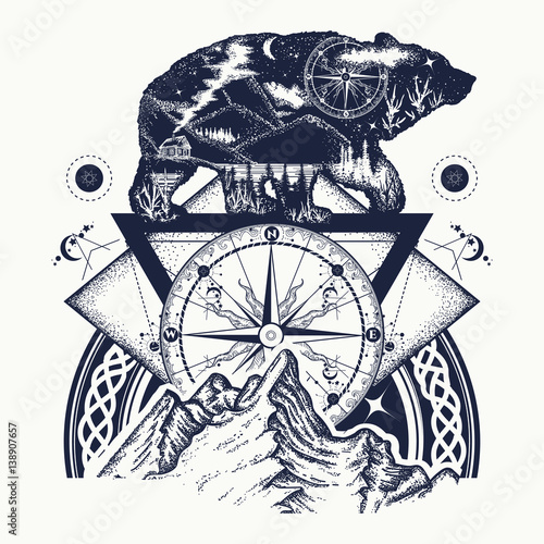 Bear double exposure, mountains, compass, tattoo art. Tourism symbol, adventure, great outdoor