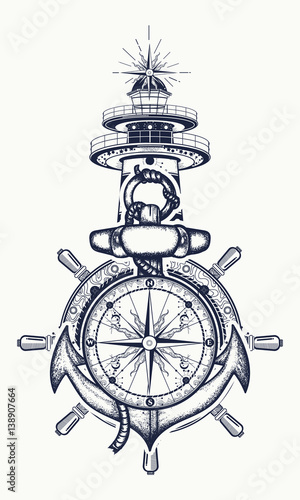 Anchor, steering wheel, compass, lighthouse, tattoo art. Symbol of maritime adventure, tourism, travel