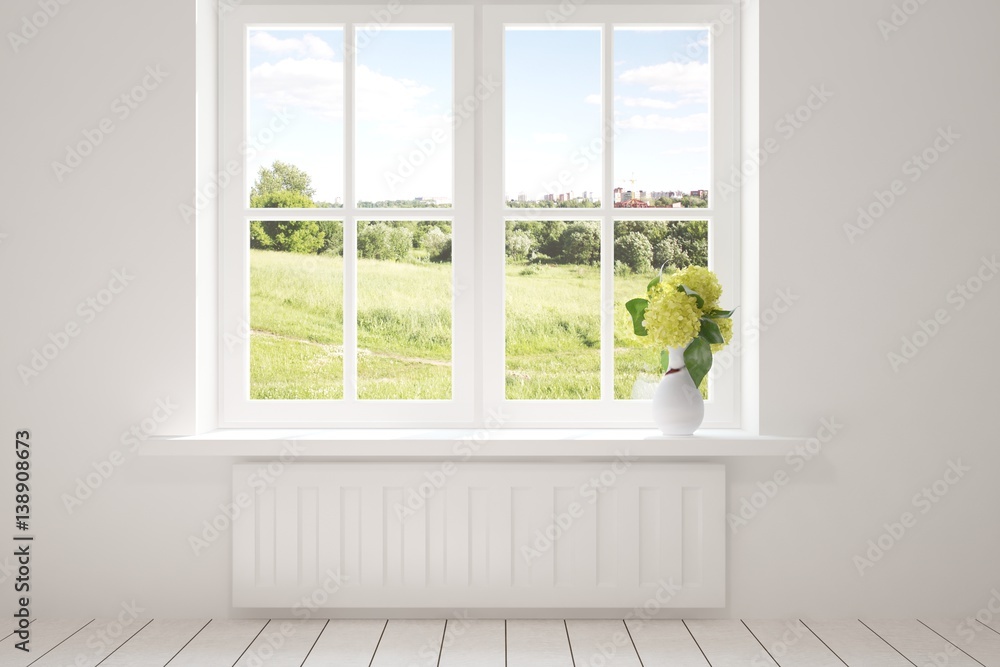 White empty room with green landscape in window. Scandinavian interior design - obrazy, fototapety, plakaty 