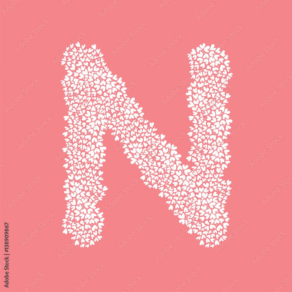 The letter N, in the alphabet Heart flower bush illustration set flat design white color isolated on pink background, vector eps10 The letter N, in the alphabet Heart flower bush illustration set flat design white color isolated on pink background, vector eps10
