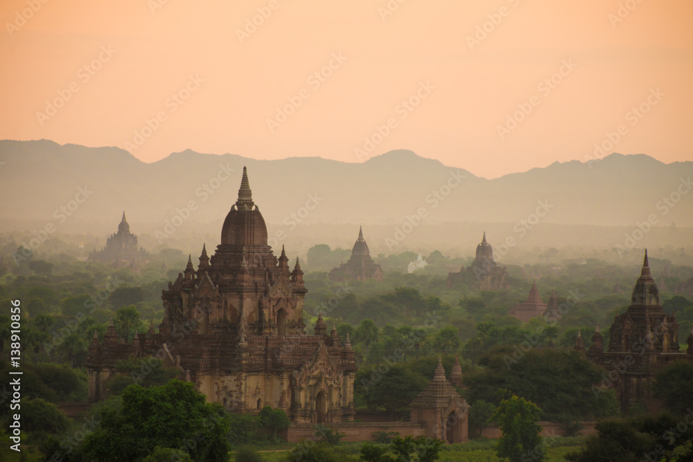 Scenic sunrise above Bagan in Myanmar.