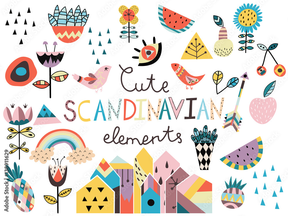 Plakat Zestaw ślicznych elementów w stylu skandynawskim i zwierząt. Ręcznie rysowane ilustracji wektorowych.