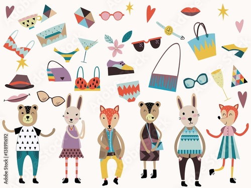 Set of cute fashion animals and fashion elements and accessories.