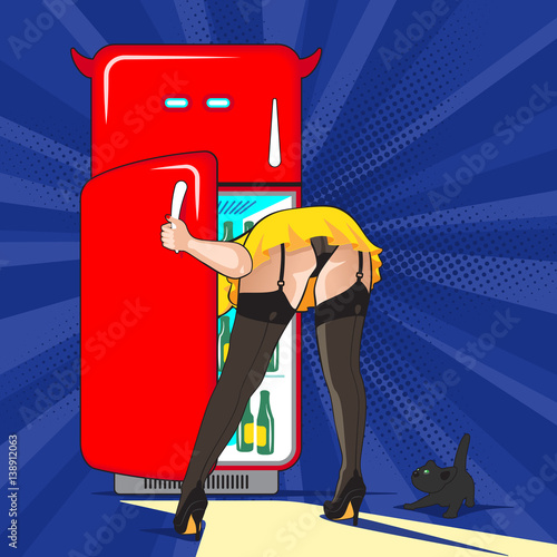 Pin-up girl looks into the refrigerator