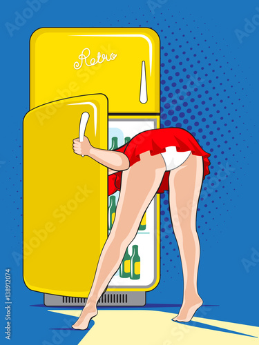 Pin-up girl in lingerie looks into the refrigerator