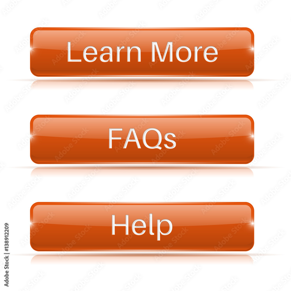 FAQs, Learn More, Help buttons. Orange 3d icons FAQs, Learn More, Help buttons. Orange 3d icons