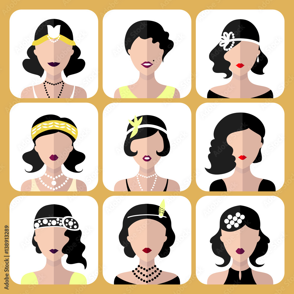 Vector set of different flapper girls icons in modern flat style isolated on white background. Vector set of different flapper girls icons in modern flat style isolated on white background.