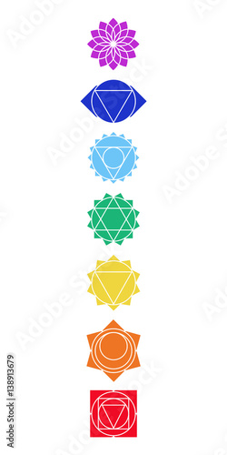 Psychoenergetic centers in the human body. Muladhara, Svadhisthana, Manipura, Anahata, visuddha, Ajna, Sahasrara. Hinduism. Buddhism. Vector illustration.