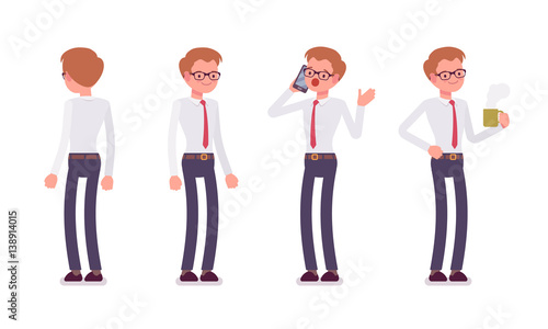 Set of male clerk in standing poses, rear, front view