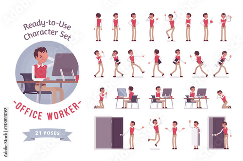 Ready-to-use young male office worker character set, different poses and emotions