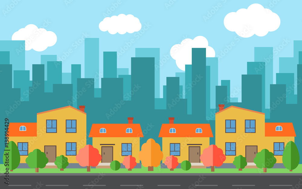 Vector city with four cartoon houses and buildings. City space with road on flat style background concept. Summer urban landscape. Street view with cityscape on a background
Vector city with four cartoon houses and buildings. City space with road on flat style background concept. Summer urban landscape. Street view with cityscape on a background