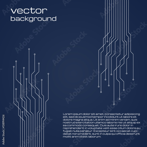 Abstract technological dark blue background with elements of the microchip. Circuit board background texture. Vector illustration.
