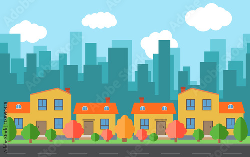 Vector city with four cartoon houses and buildings. City space with road on flat style background concept. Summer urban landscape. Street view with cityscape on a background
