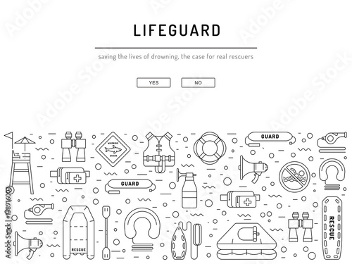 Vector outline icons of lifeguard equipment, hat helps save the lives of drowning people. Elements of equipment of the rescuer and rescue station