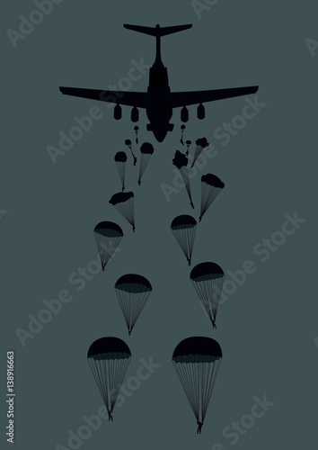 Illustration of a military plane and paratroopers.