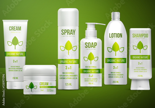 Set of realistic white cosmetic bottle, container and tube. Mockup for branding product cream, soap, shampoo, lotion, spray. Advertising design template. Vector illustration on green background.