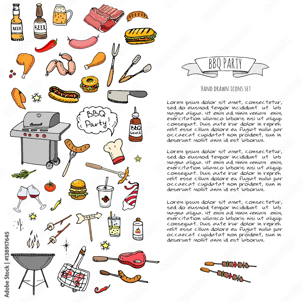 Hand drawn doodle BBQ party icons set Vector illustration summer ...