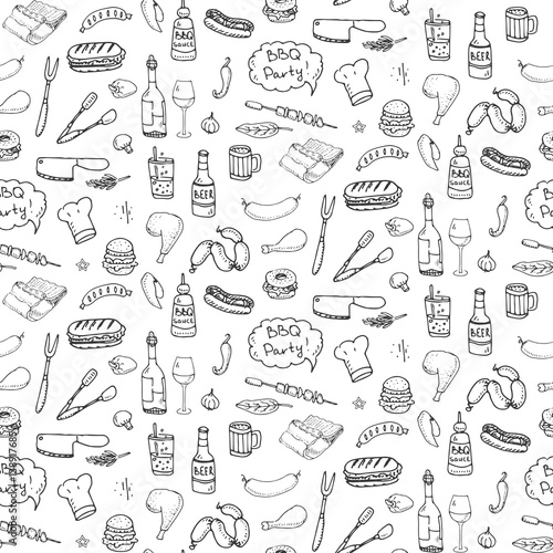 Seamless pattern with hand drawn doodle BBQ icons set. Vector illustration summer barbecue symbols collection Cartoon meals, drinks, ingredients and decoration elements on white background Sketch