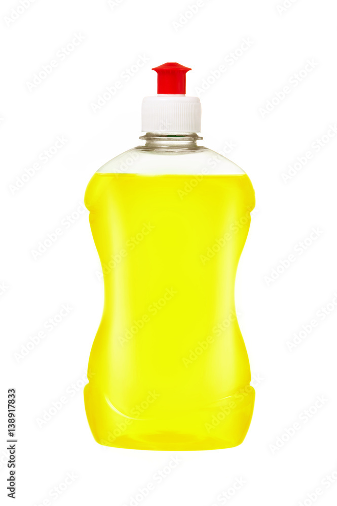 Dishwashing liquid detergent in plastic bottle. Yellow color