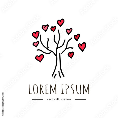 Hand drawn cartoon style doodle Donation symbol icon - tree with hearts. Doodle vector illustration. Charity donate sketch logo element: heart, love, tree, care, help, gift, fund raising