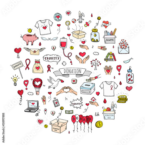 Hand drawn doodle Donation icons set. Vector illustration. Charity symbols collection Cartoon donate sketch elements: blood donation, box, heart, money jar, care, help, gift, giving hand, fund raising