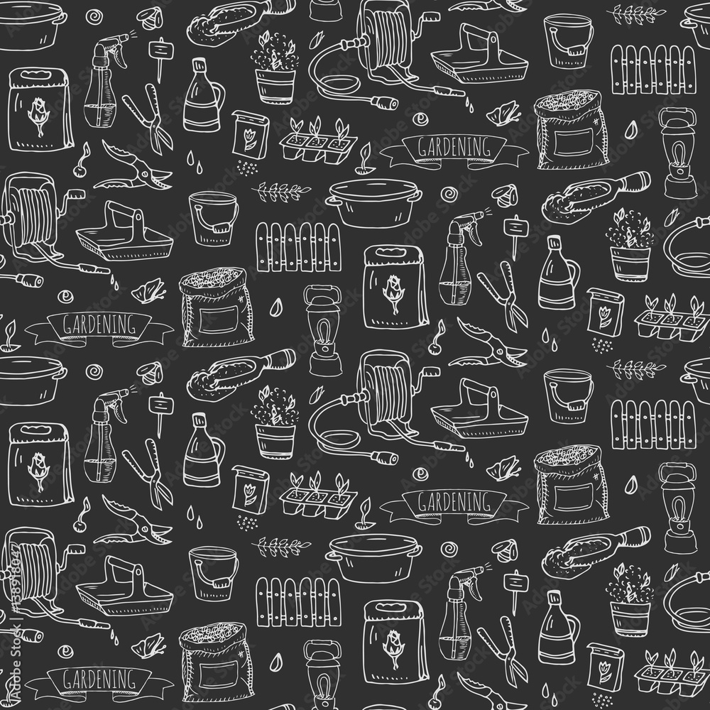 Seamless pattern with Hand drawn doodle set of Gardening icons. Vector illustration set. Cartoon Garden symbols. Sketchy elements collection: lawnmower, trimmer, spade, fork, rake Hoe Trug Wheelbarrow Seamless pattern with Hand drawn doodle set of Gardening icons. Vector illustration set. Cartoon Garden symbols. Sketchy elements collection: lawnmower, trimmer, spade, fork, rake Hoe Trug Wheelbarrow
