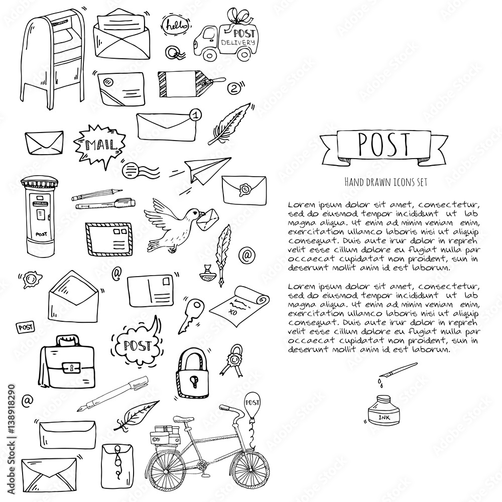 Hand drawn doodle Postal elements icon set. Vector illustration. Isolated post symbols collection. Cartoon various mail element: letter, envelope, stamp, post box, package, delivery truck, pigeon. Hand drawn doodle Postal elements icon set. Vector illustration. Isolated post symbols collection. Cartoon various mail element: letter, envelope, stamp, post box, package, delivery truck, pigeon.